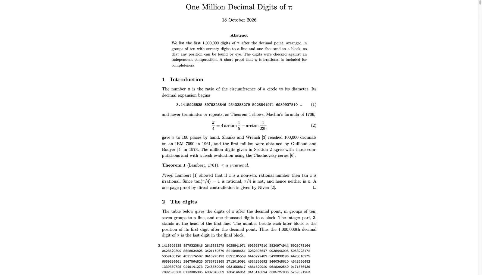 The head of the paper, with the abstract, Machin's formula, Lambert's theorem that pi is irrational, and the first blocks of digits
