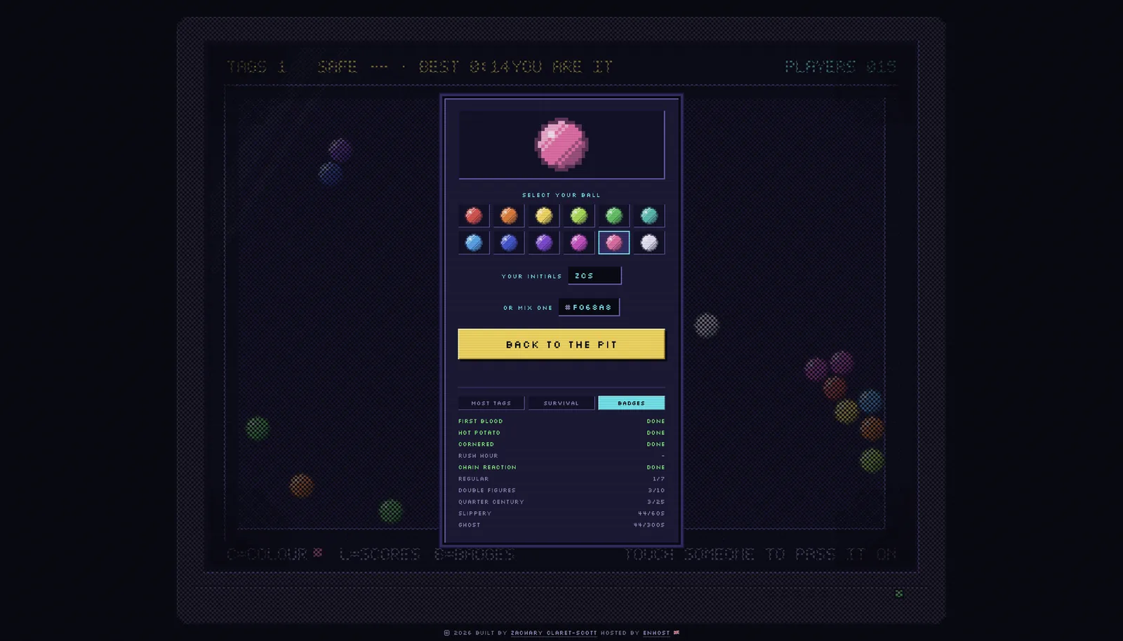 The overlay for picking a ball colour and initials, with leaderboard tabs and a list of badges and their progress