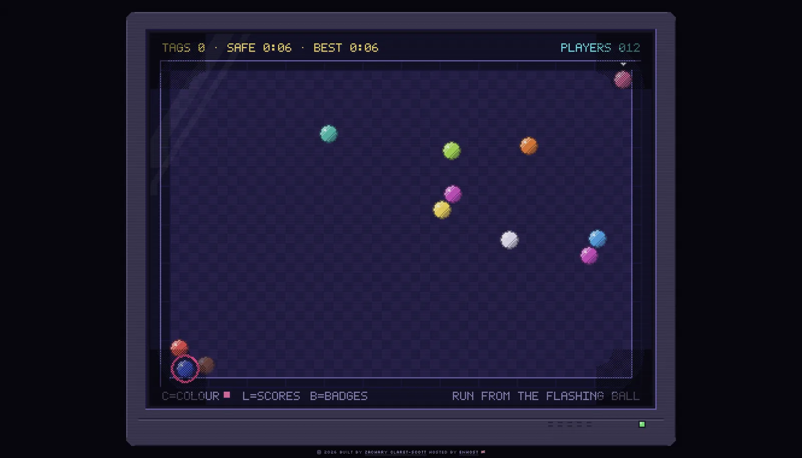 The pit mid-game, with a dozen coloured balls and a HUD showing tags, safe time and player count