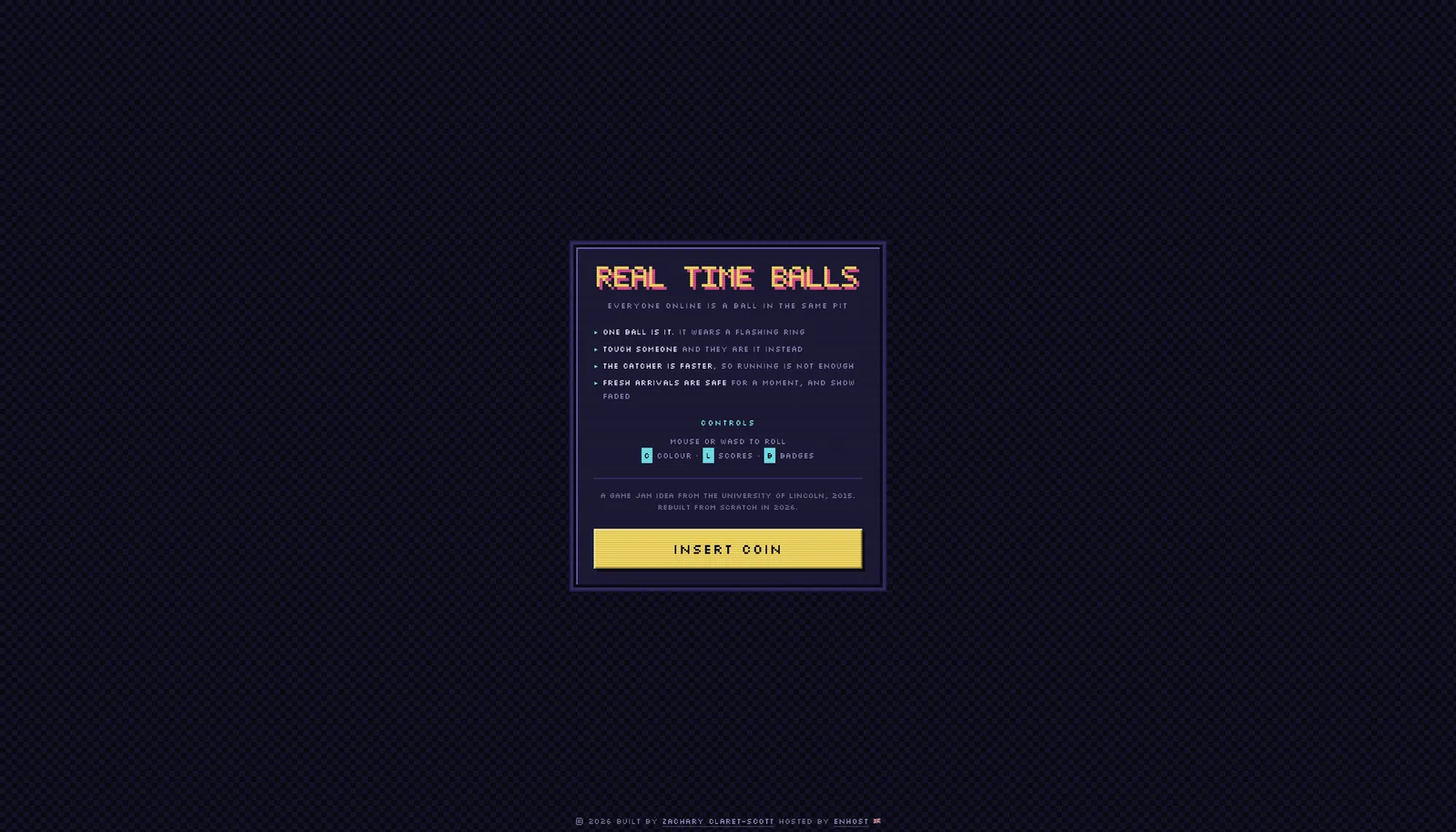 The splash screen, with the rules of play, the controls, and an INSERT COIN button