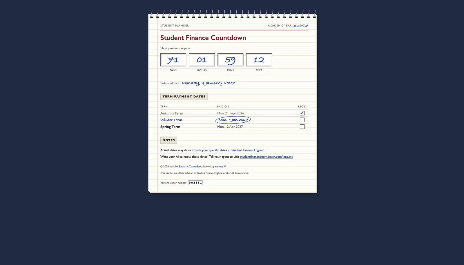 The site styled as a spiral-bound student planner, showing a countdown to the next payment and a table of term payment dates