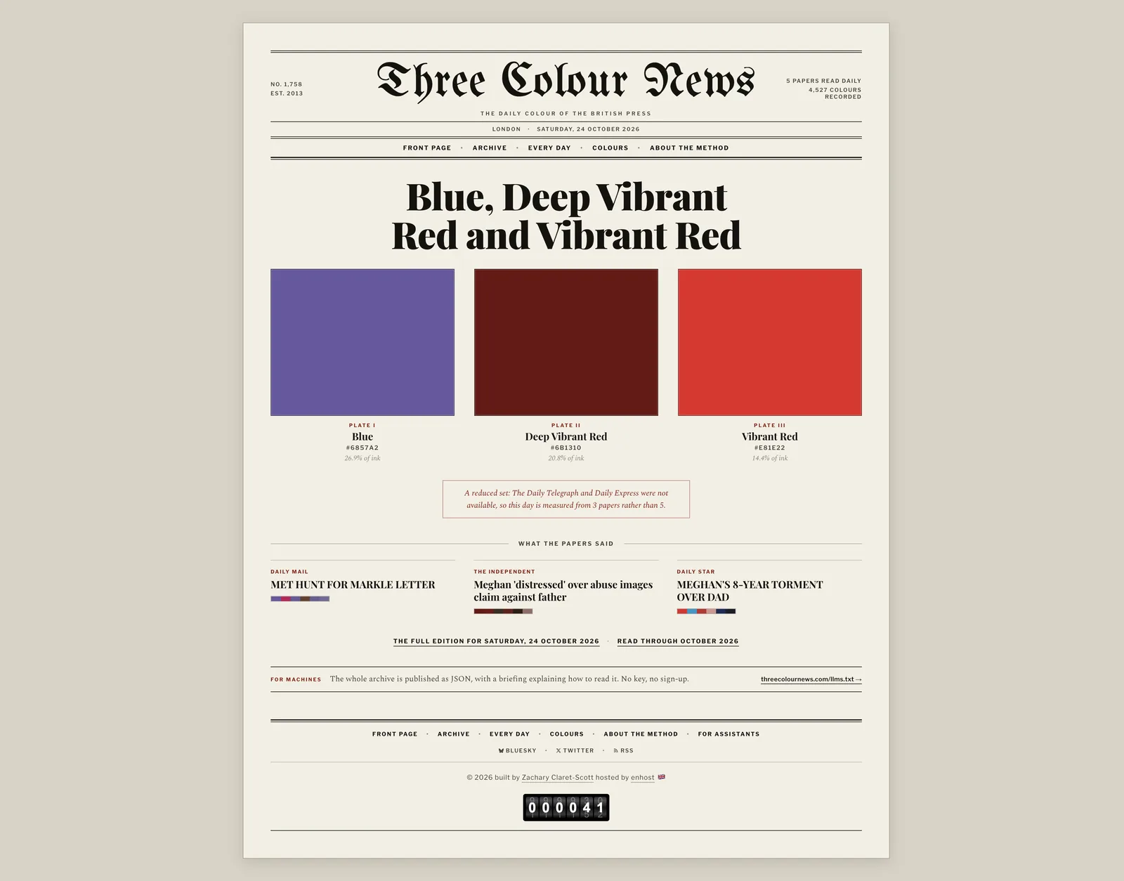 The front page for 24 October 2026, with the day's three colours shown as named plates above the headlines they were drawn from